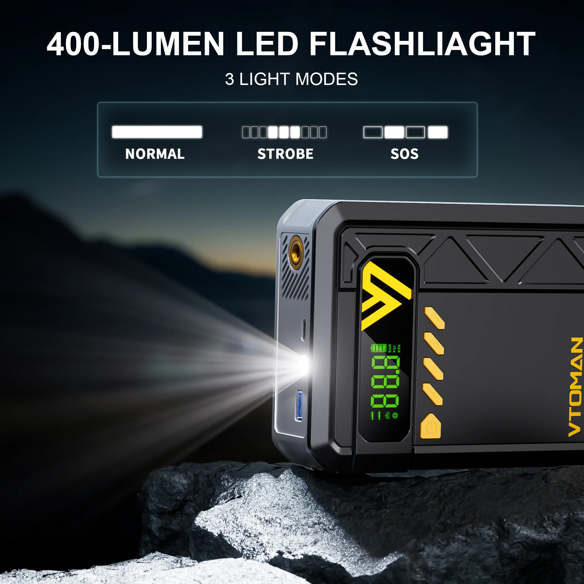 VTOMAN X4 Jump Starter with Air Compressor, 2500A Portable Car Battery Jump Starter (8.5 Gas/6.0L Diesel), 150PSI Auto-Shutoff Tire Inflator, 12V Lithium Jump Box Power Bank with Large LED Display - Image 7